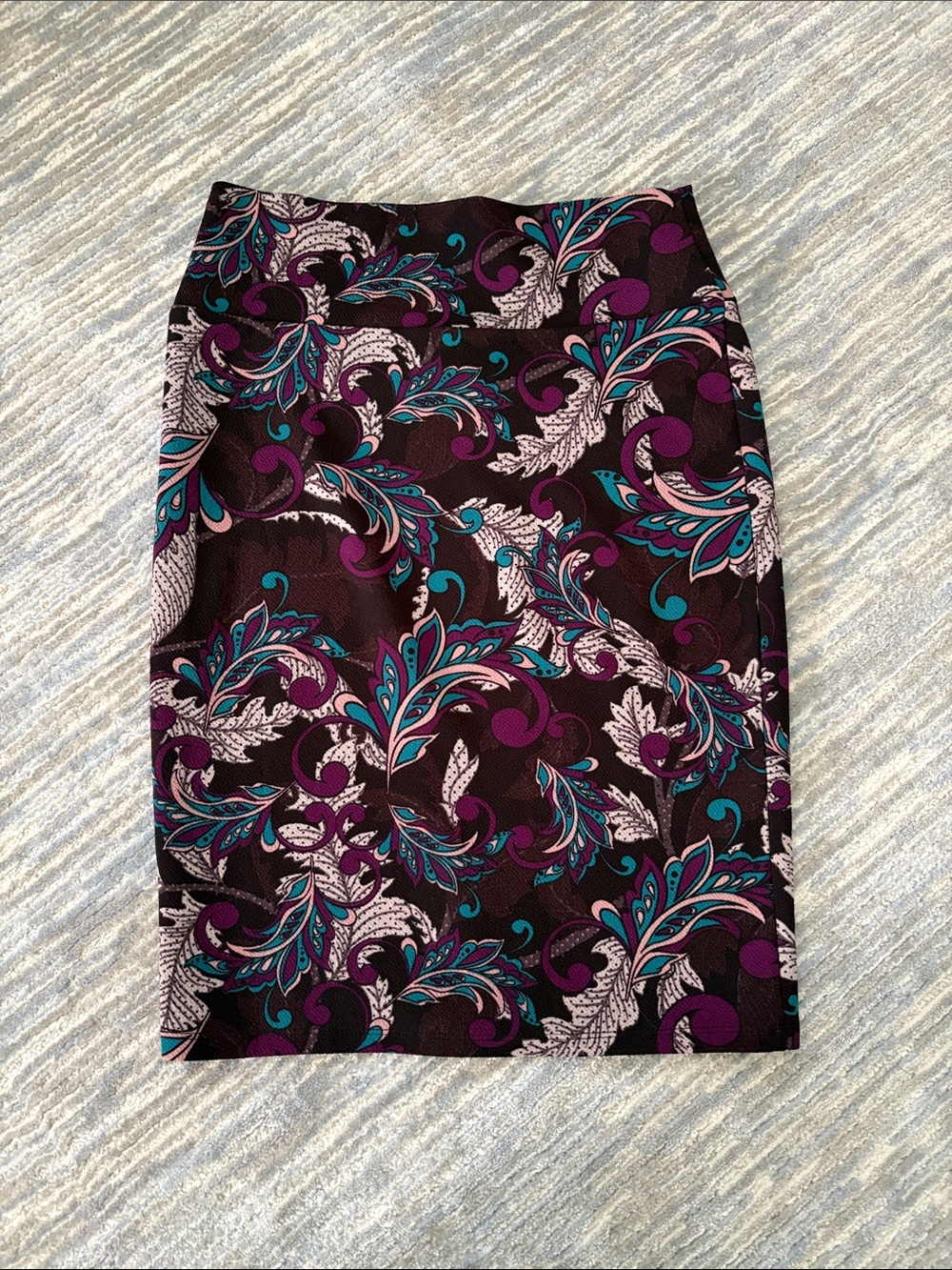 LuLaRoe Black Skirt with Teal & Purple Floral Scroll